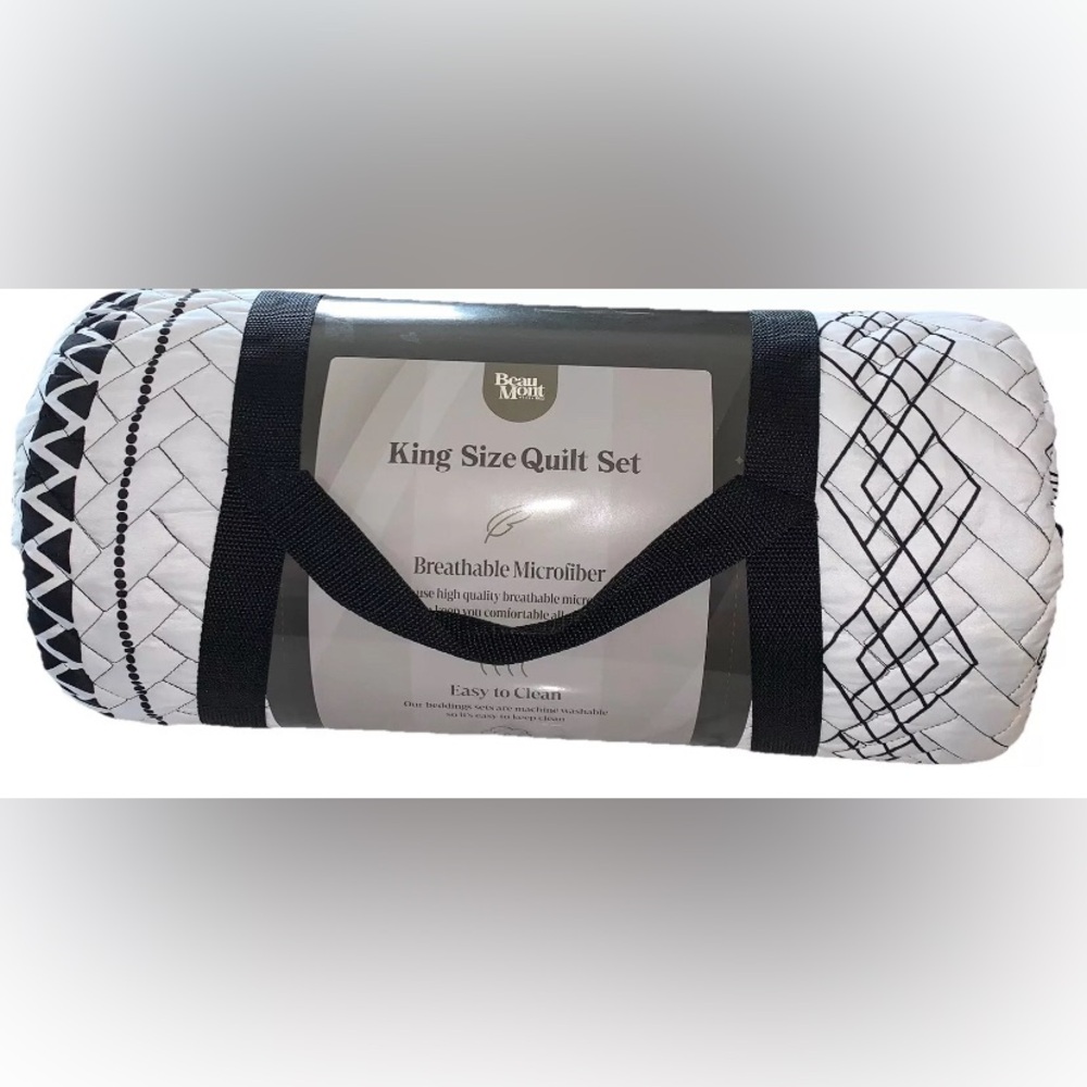 Beaumont King Size Quilt & Pillow Shams Set Black & White Design NEW (Q222)